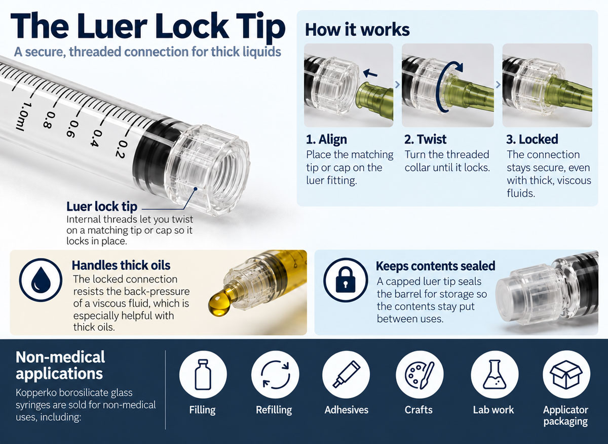 Close-up diagram showing the features of a glass luer lock syringe tip